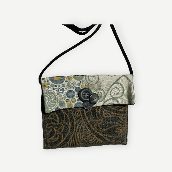 Mini Crossbody Purse Handbag Beautiful Trimmed Buttons Handmade Browns Greens - Picture 9 of 9